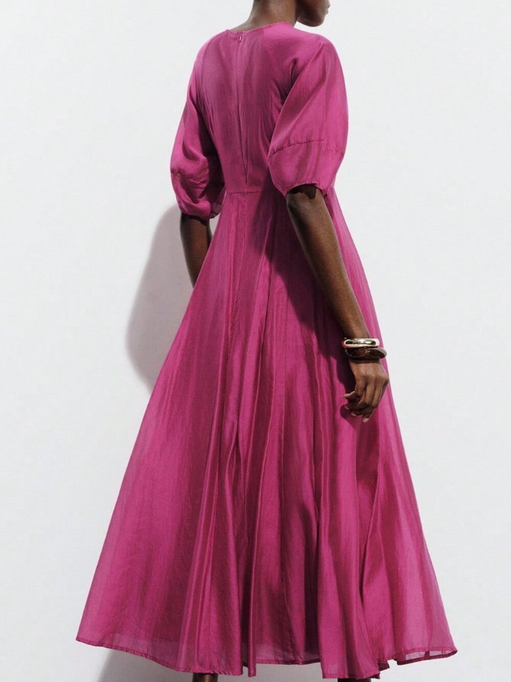 Hot Pink Elegant Women's Sheer Chiffon Puff Sleeve Dress - Picture 2 of 8